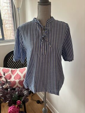 Fransa - Blue & White Striped Lace-Up Short Sleeve Top